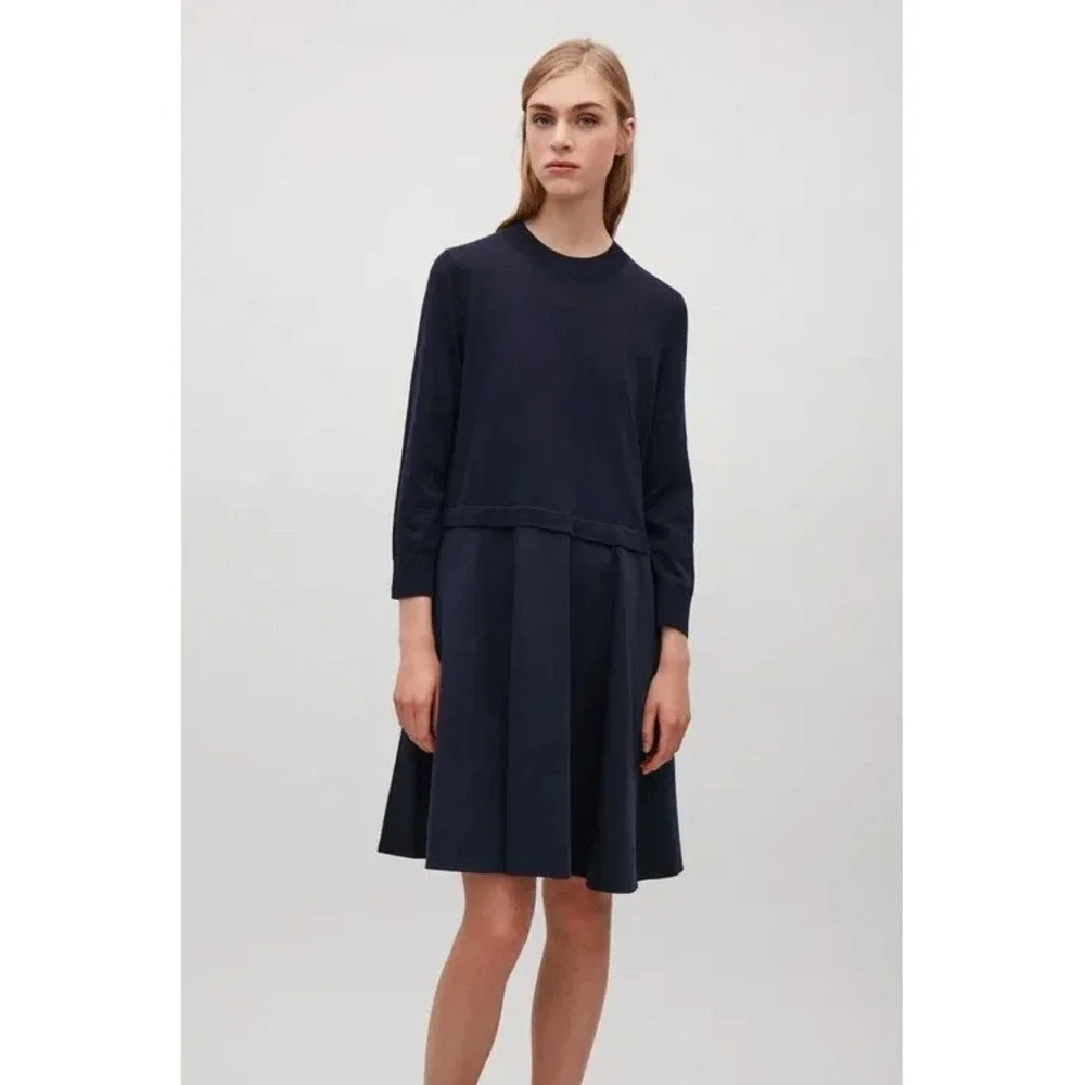 COS Long Sleeve Knitted Sweater Dress With Woven Skirt A-Line Minimalist Small - Picture 4 of 12